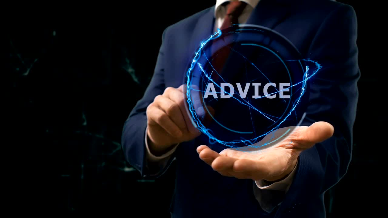 Businessman shows concept hologram Advice on his hand
