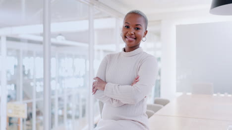 Happy,-face-and-black-woman-in-office-building