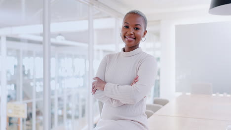 happy, face and black woman in office building
