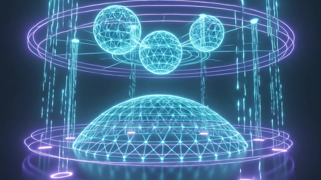 Animating hologram dome raising pillars, pulsing spheres and rings, falling cyan streams in studio