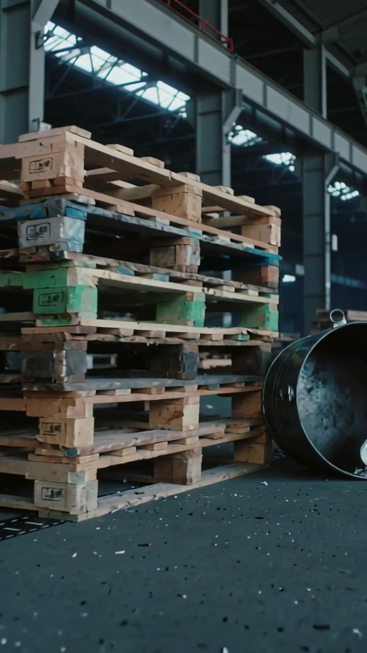 Video verticale: Telecamera che panoramica a destra, mostrando pallet impilati in magazzino, fusto rovesciato e paletta
