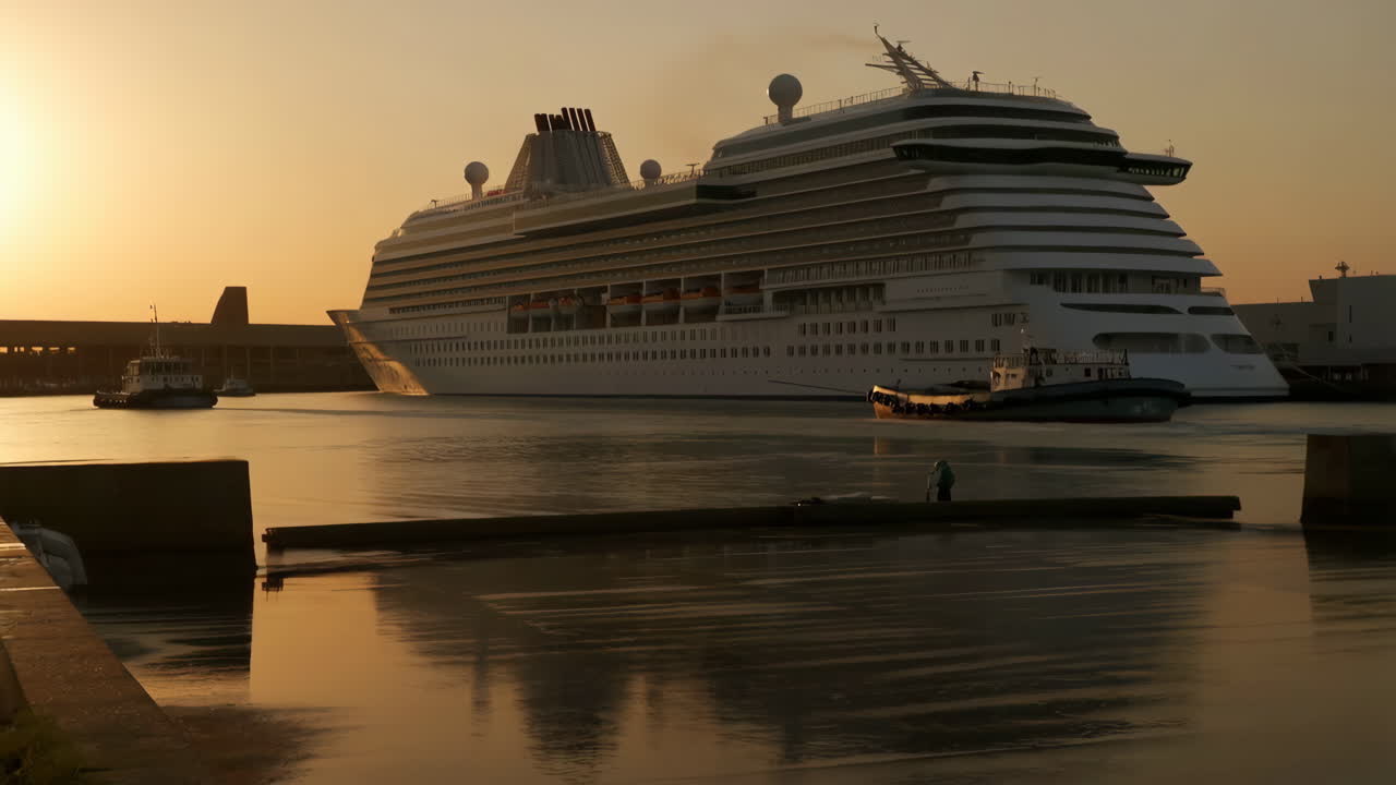 Large cruise ship sailing at golden hour with tugboat assistance