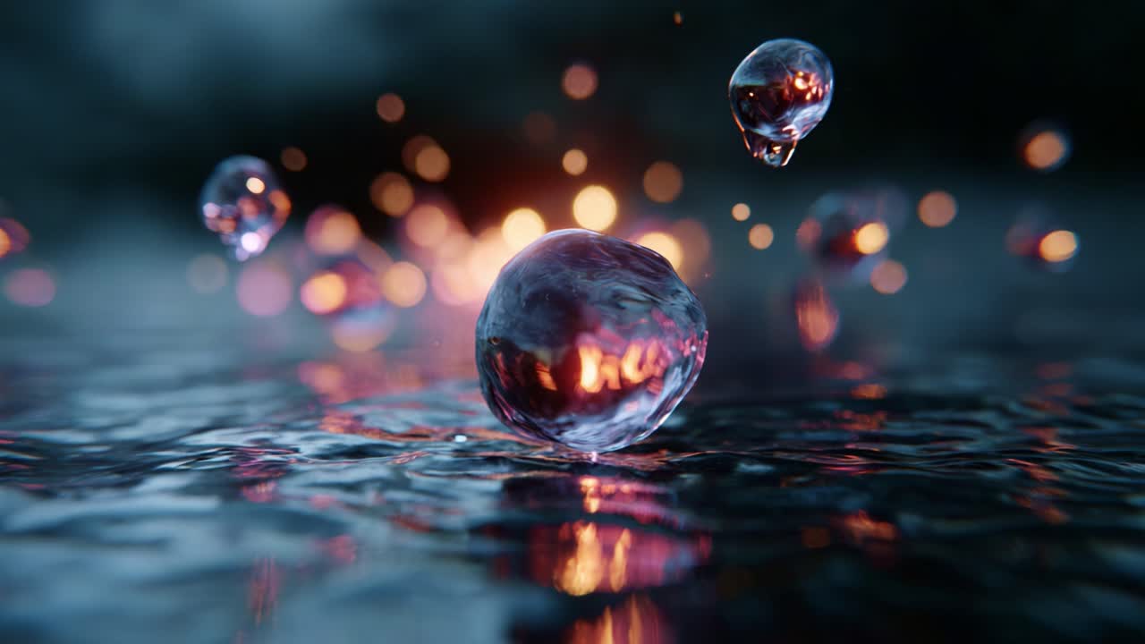 Mesmerizing Droplets of Water Suspended in the Air with Vibrant Light Reflections on a Calm Surface, Creating a Beautiful and Enigmatic Scene