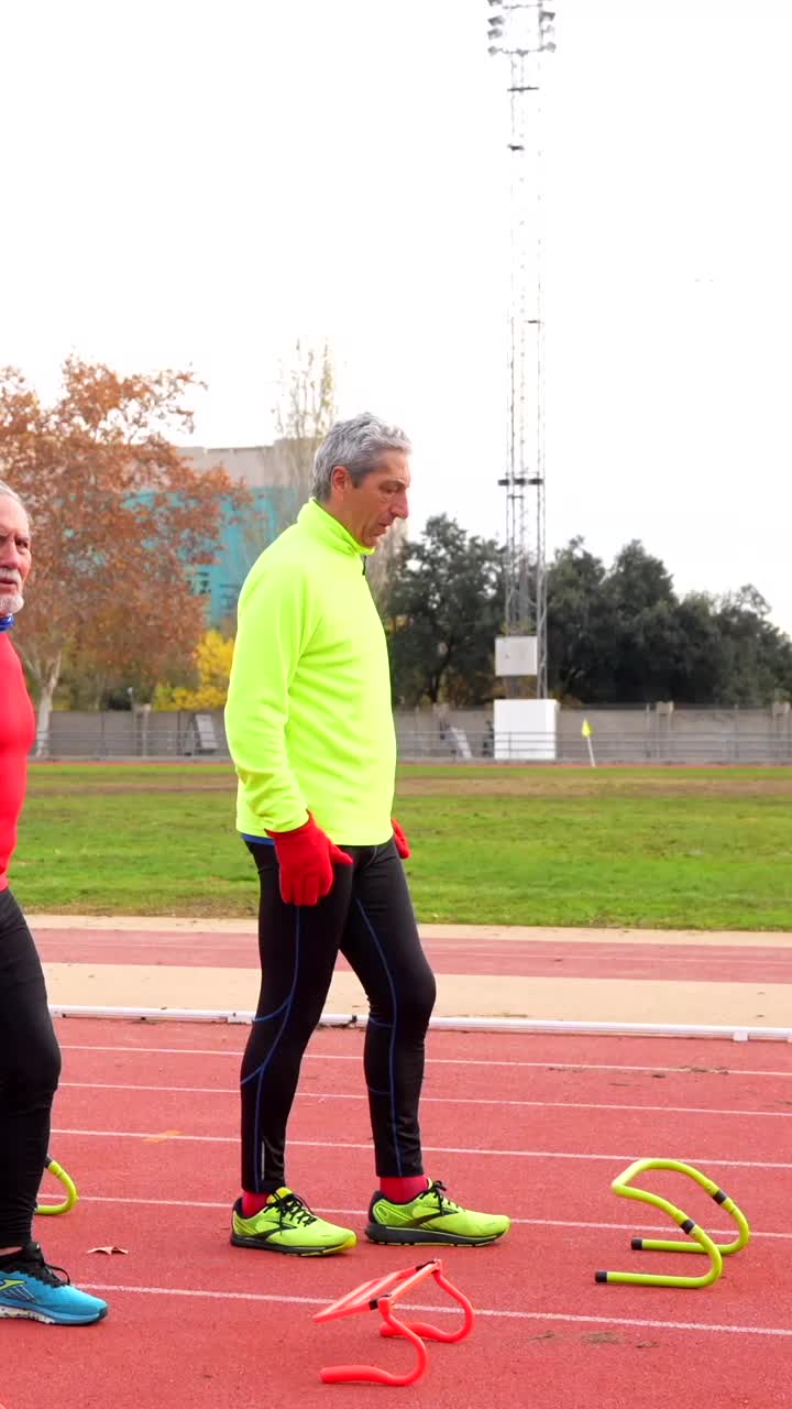 Senior Men Running Hurdles on Track