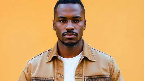 a man in a brown jacket standing in front of a yellow background