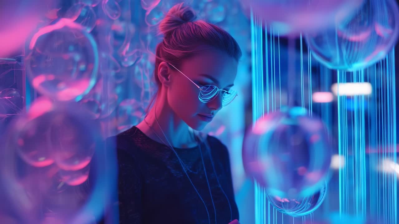 A young woman immersed in a captivating and ethereal atmosphere, surrounded by glowing bubbles and vibrant blue and pink lighting, radiating a sense of tranquility and introspection