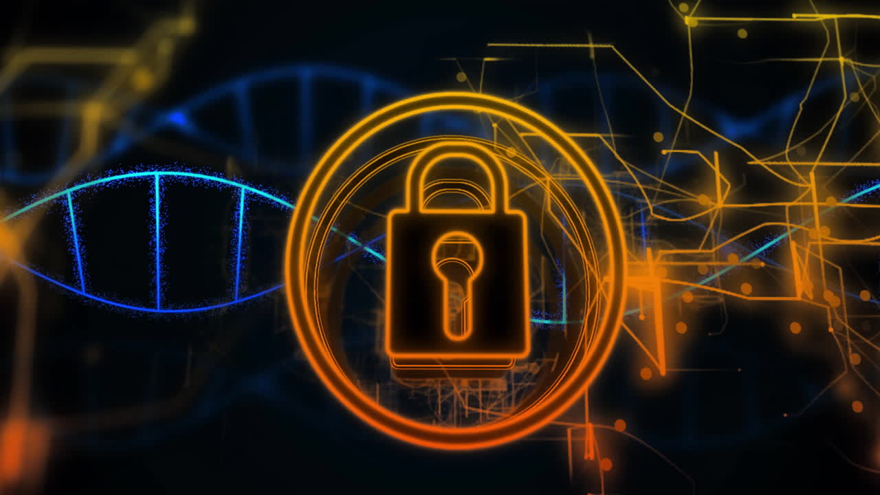 animación del icono de candado digital, procesamiento de datos y cadena de adn en fondo negro