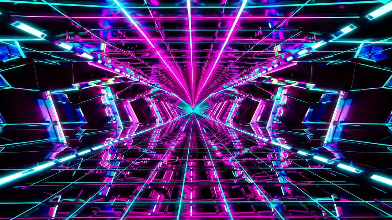 Futuristic neon tunnel with vibrant blue and pink lights, showcasing dynamic reflections and geometric patterns, creating an immersive visual experience of motion and depth