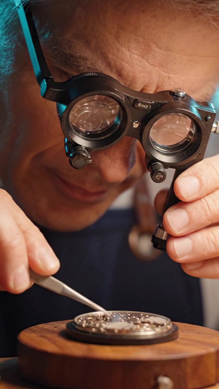 Relojero Experto Inspecciona Cuidadosamente Componentes Intrincados de Relojería Bajo Aumento Durante un Detallado Proceso Artesanal de Horología.