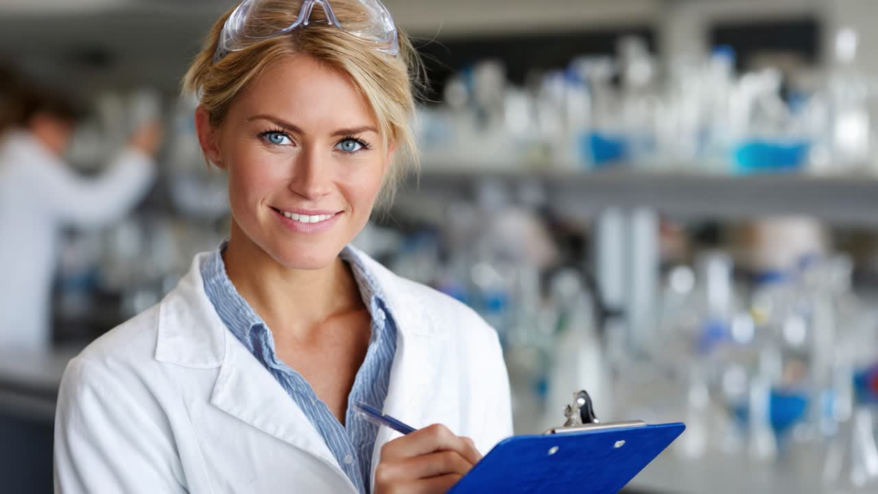 Uno scienziato sicuro di sé in un ambiente di laboratorio: dimostrazione di capacità di ricerca con blocco note in mano, circondato da attrezzature scientifiche e vetreria