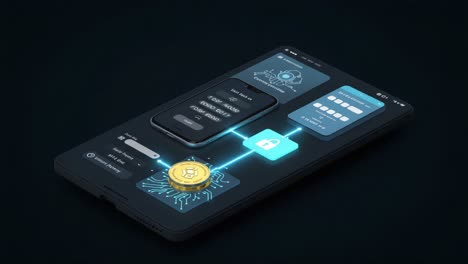 a modern digital interface showcasing advanced security features and cryptocurrency transactions with interactive elements on a sleek mobile device displaying graphical data