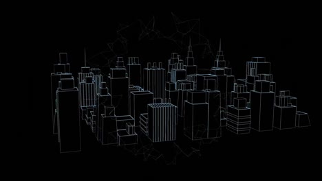 animation of networks of connections over 3d cityscape drawing