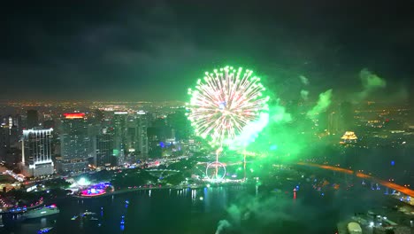 explosive bursts captured in sweeping detail as fireworks arc and bloom over the bay from a high-flying drone perspective