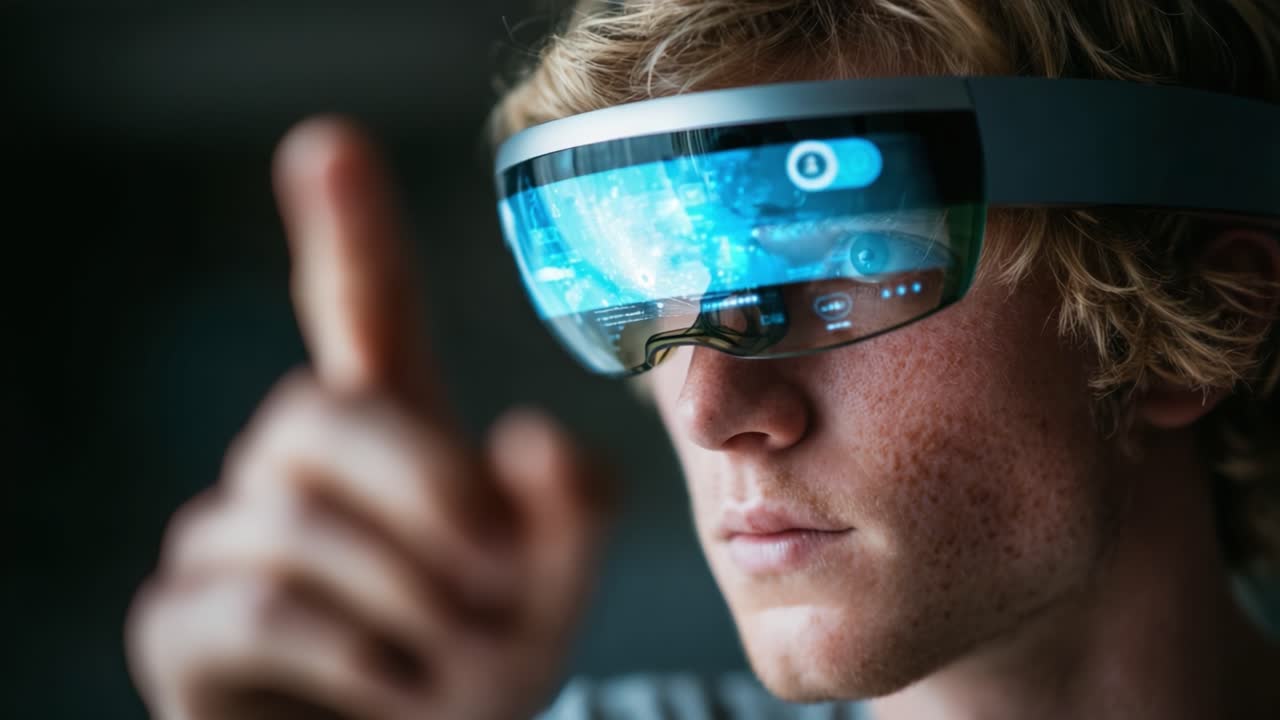 Esplorando il Futuro della Tecnologia: Un Giovane Innovatore Interagisce con la Realtà Aumentata Avanzata Tramite Occhiali Smart ad Alta Tecnologia