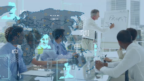animation of photos and data processing over diverse business people in office