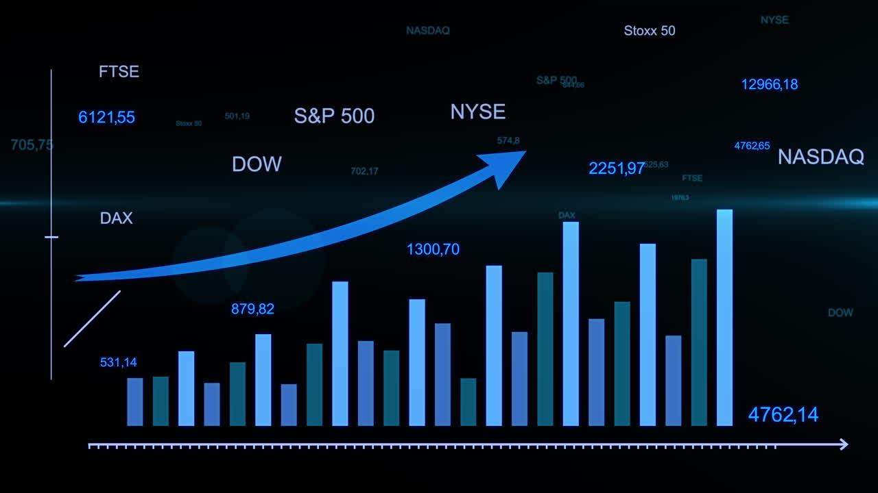 Growing blue arrow on business chart. Stock market graph on black background