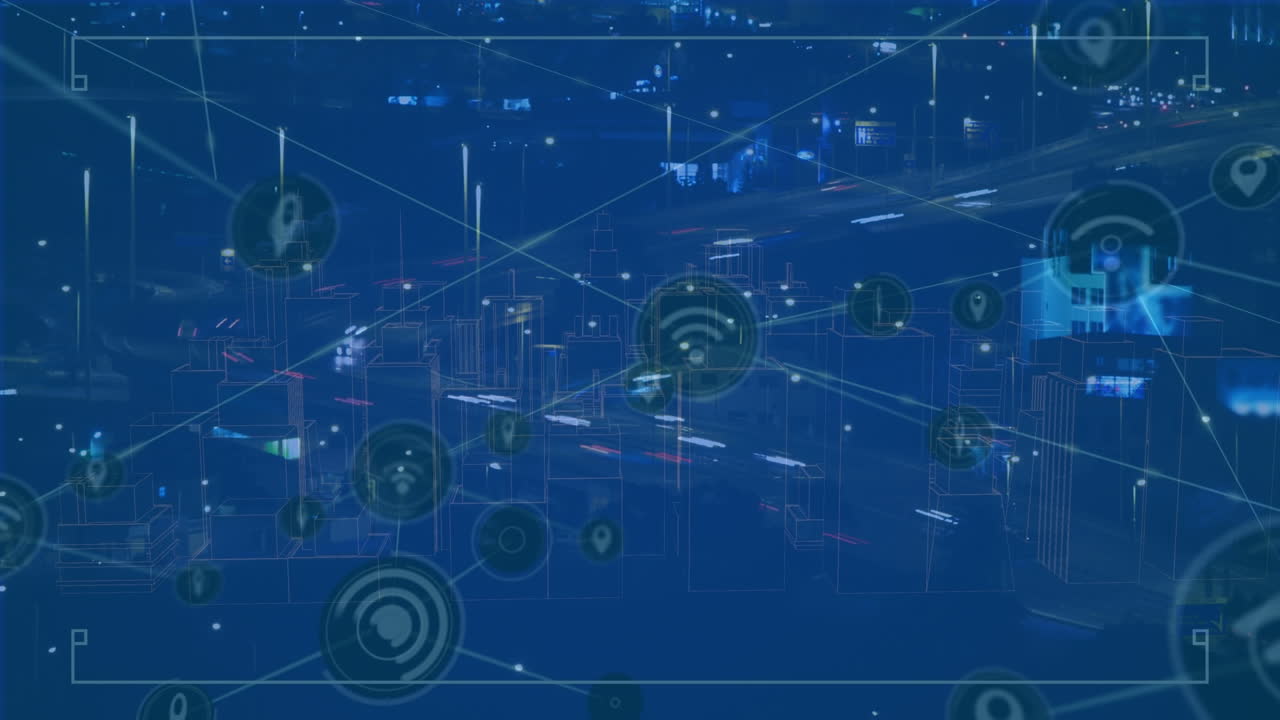 Animation of network of connections over cityscape