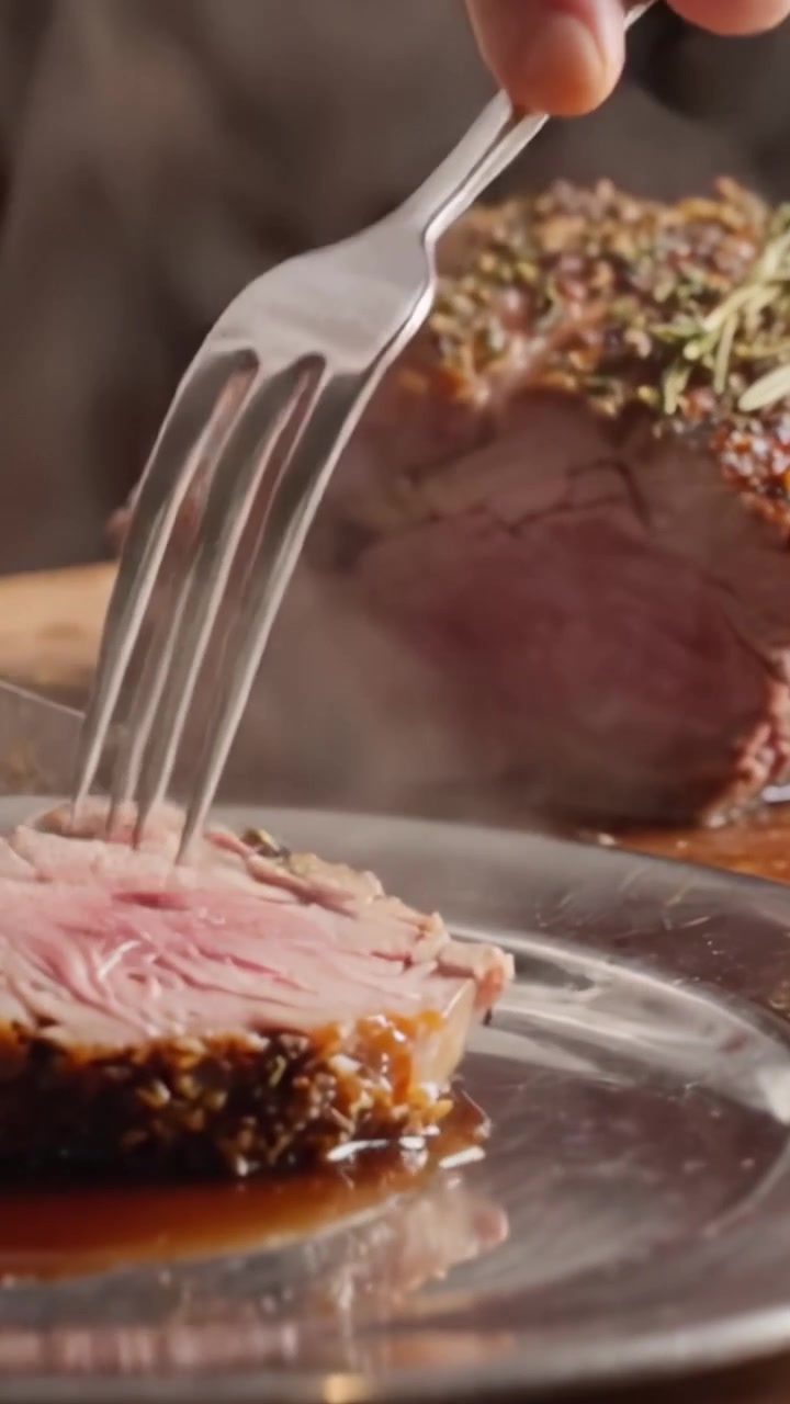 Carne arrosto succulenta tagliata alla perfezione: una delizia culinaria con un cuore tenero e rosato e una crosta saporita alle erbe su un piatto splendente.