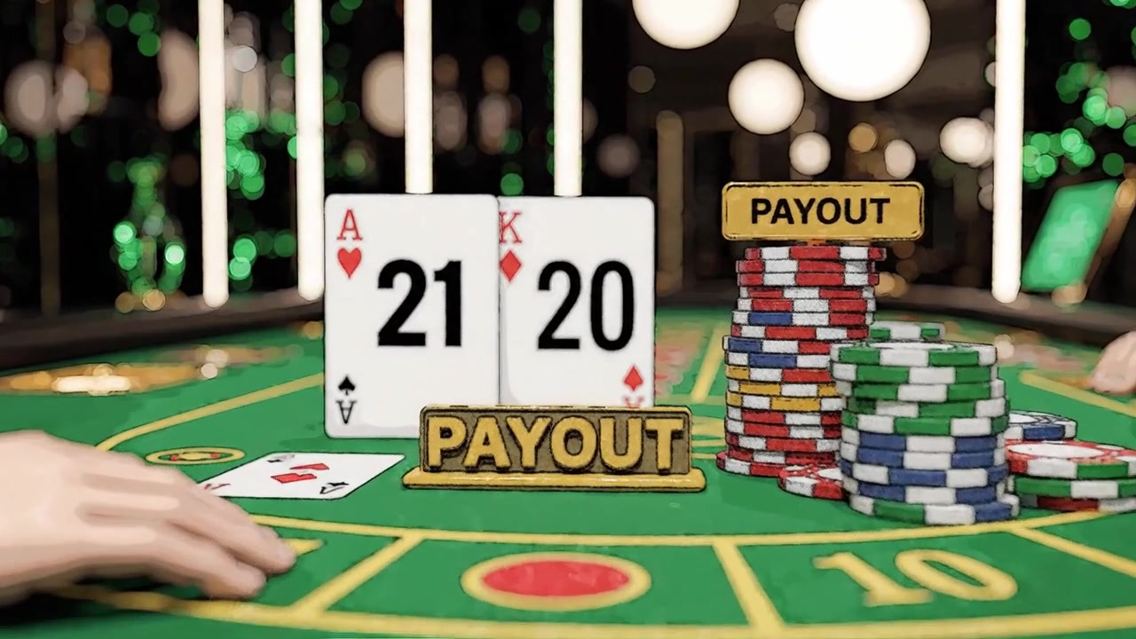 Scena di casinò ad alto rischio con mani vincenti di blackjack e fiches da poker colorate con vincite visualizzate per evidenziare un momento di gioco intenso.