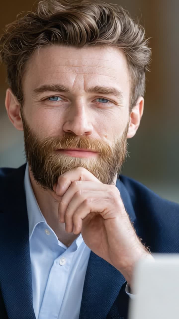 Thoughtful business professional contemplating ideas with a focused gaze, showcasing confidence and determination in a sophisticated office environment