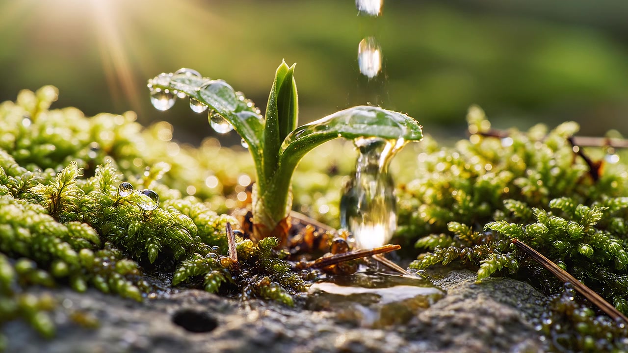 苔むした地面に朝露のしずくが付いた小さな緑の新芽