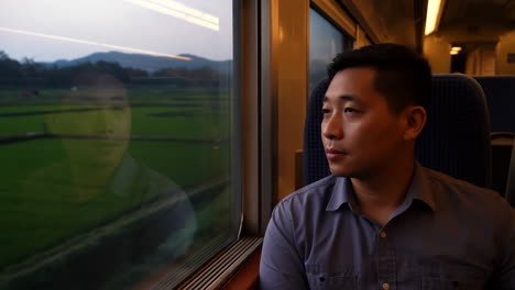 man looking out of a train window at the passing landscape