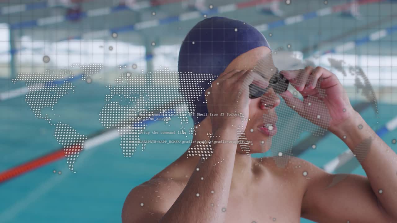 Un nadador ajustándose las gafas en la piscina, lo que provoca un medidor de ajuste animado para una sujeción segura en el entrenamiento deportivo.