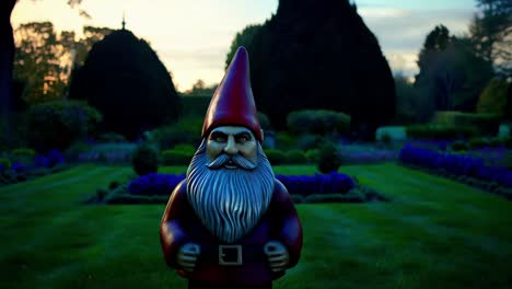 garden gnome in a formal garden at sunset