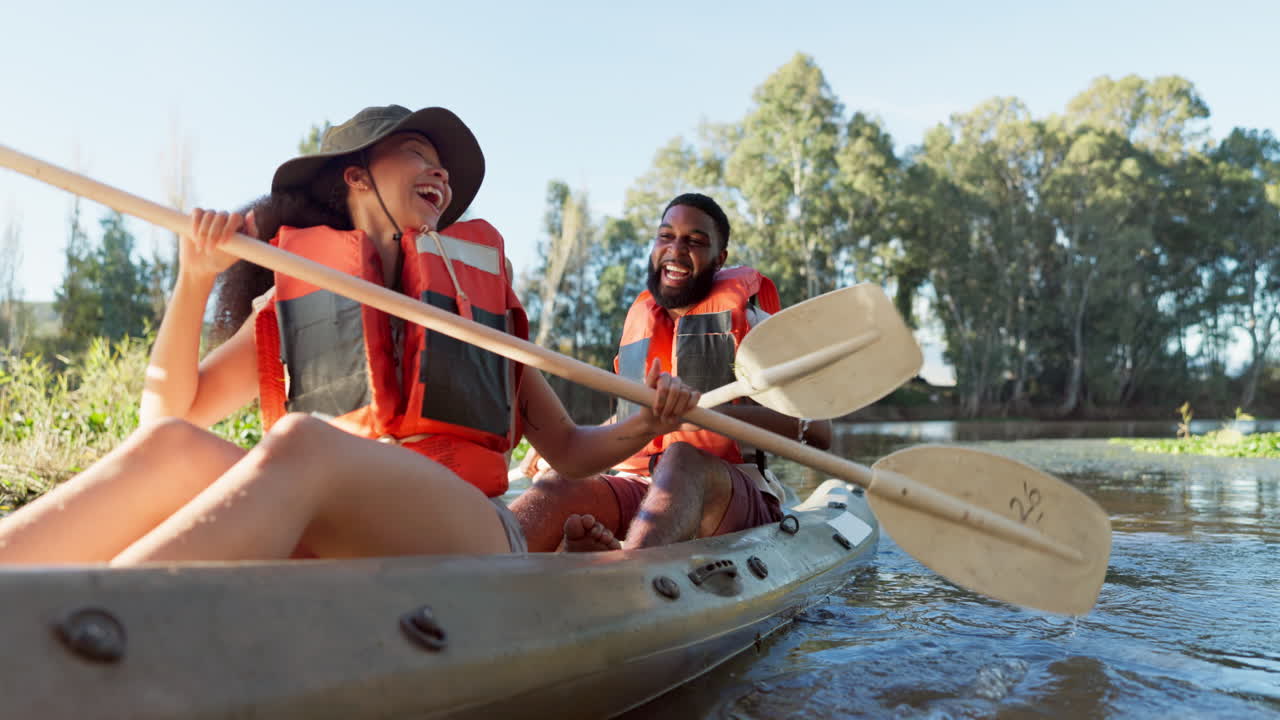 Couple, kayak and boat on lake outdoor for sports