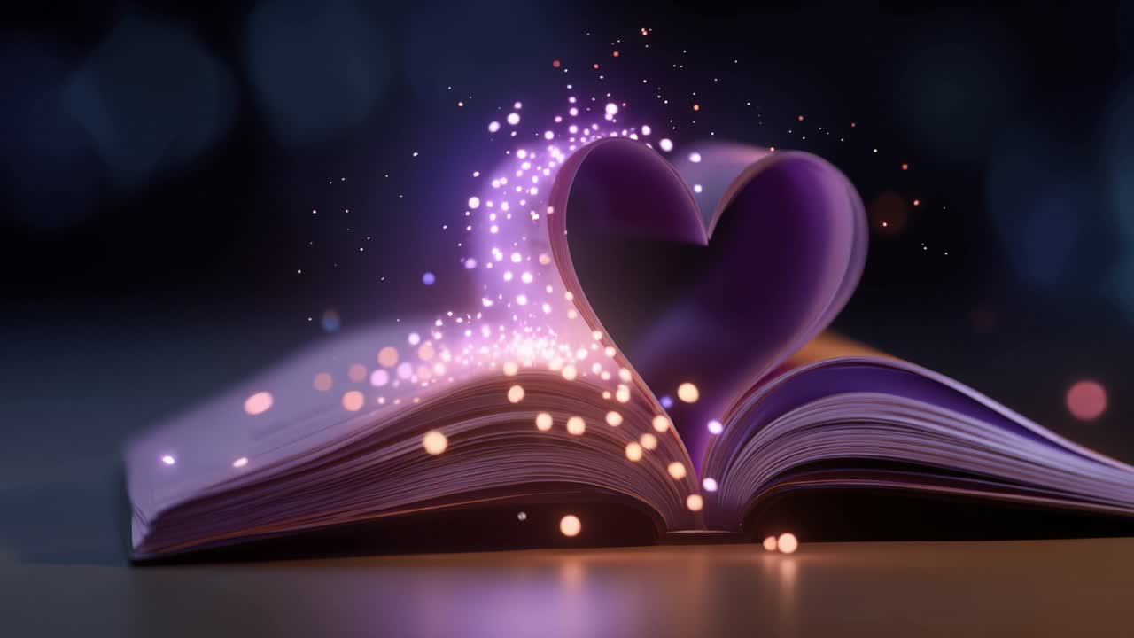 Purple book lies open. Heart-shaped glow pulses from its pages. Sparkles dance around the glowing form. Soft lights twinkle near the book's edges. Magical moment radiates love and wonder