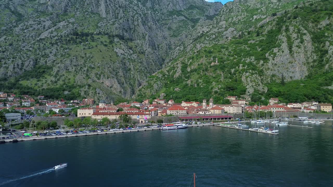 Bay of Kotor surrounded by rocky limestone mountains of the Dinaric Alps, Drone