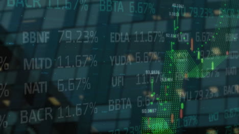 animación de procesamiento de datos, diagramas y mercado de valores sobre el edificio moderno