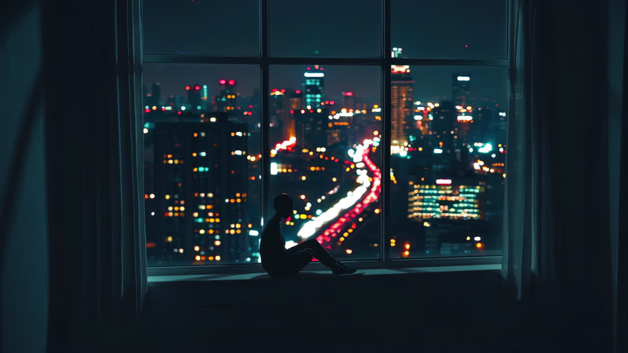 Person Sitting at Window at Night