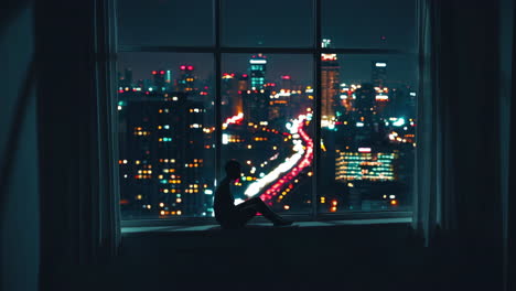 person sitting at window at night