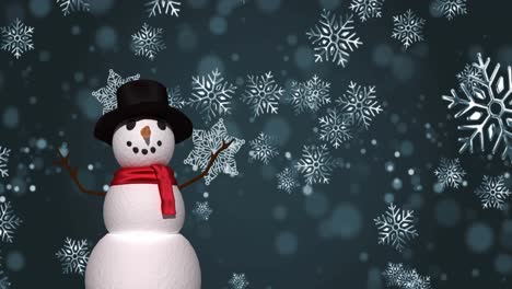 animation of snowman and christmas snow falling on grey background