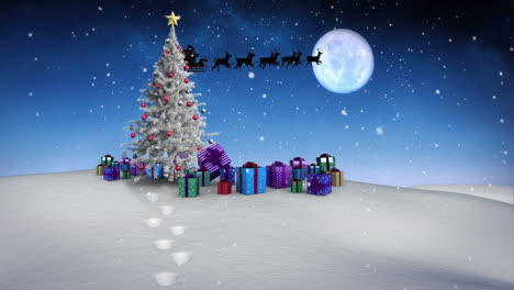 papá noel y su trineo volando sobre un paisaje nevado con árboles y regalos en bucle
