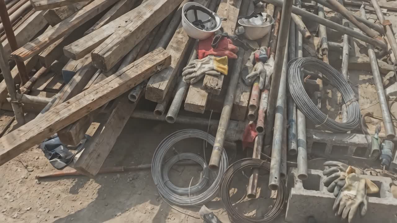 Pile of Construction Materials and Equipment on a Building Site