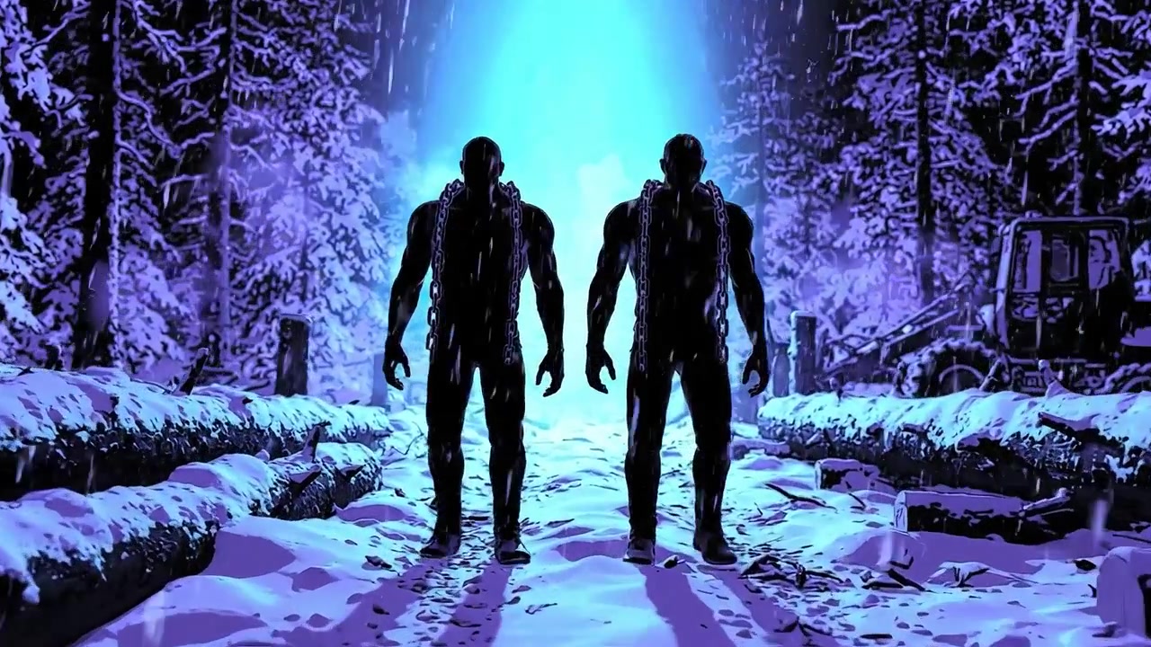 Due figure misteriose legate da catene si ergono in una foresta innevata, illuminate da una vibrante luce blu che emana dall'alto, a significare un incontro sconosciuto.