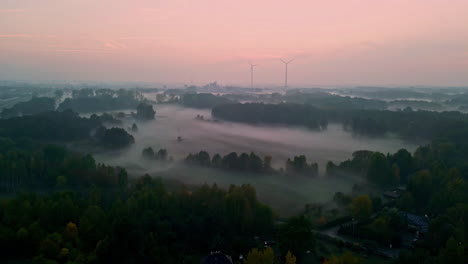 Un-Dron-Vuela-Sobre-Las-Nubes-Con-Copas-De-árboles-Y-El-Cielo-Rosado-Del-Atardecer-En-Una-Carretera-Suburbana-Austria