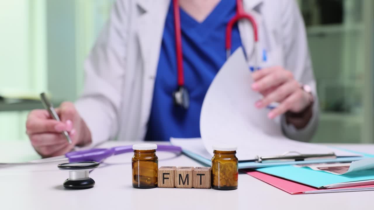 Doctor at desk with FMT concept and medical supplies