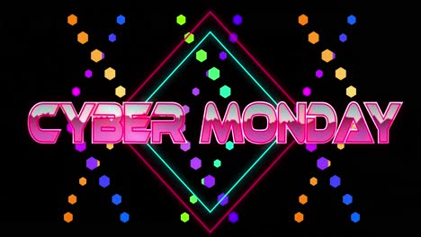 Animación-Del-Texto-Del-Cyber-Monday-Sobre-Rombos-Sobre-Hélice-De-ADN-Sobre-Fondo-Negro.