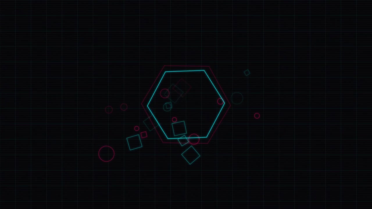 Abstract Geometric Neon Shapes Pulsing on Dark Grid Background
