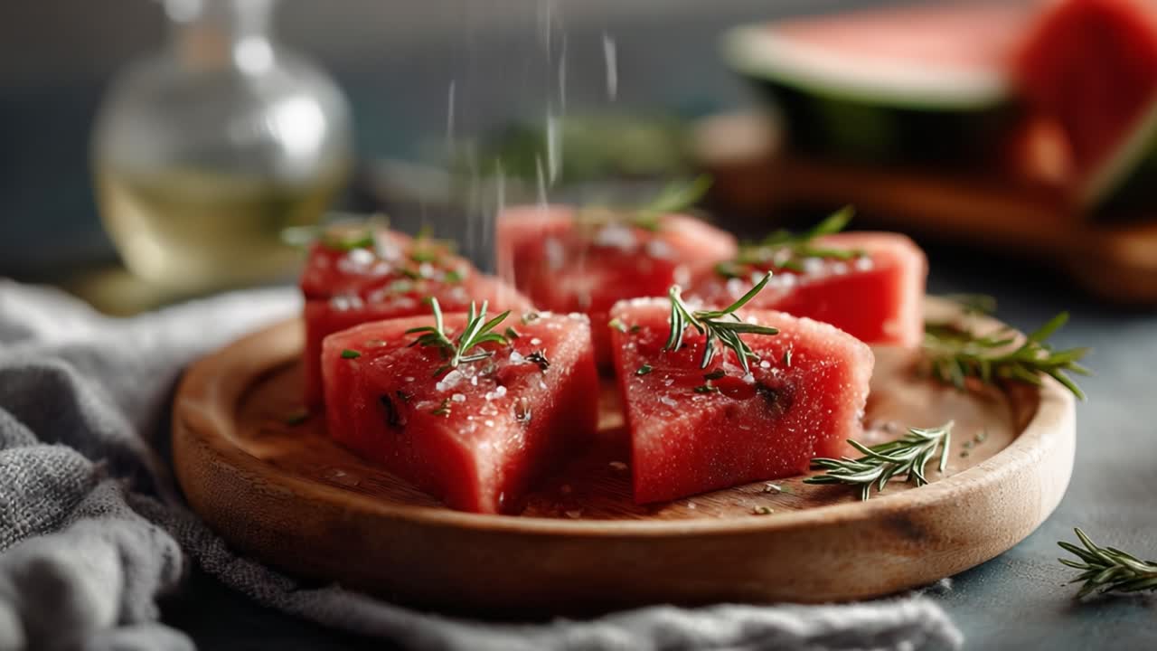Lækre vandmelonskiver pyntet med friske krydderurter og havsalt på en træplade – perfekt til forfriskende sommerlækkerier og kulinarisk inspiration