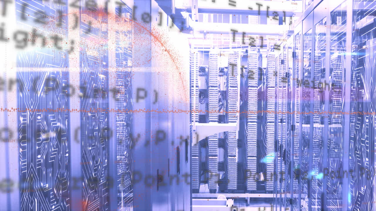 Animation of data processing over red globe against computer server room