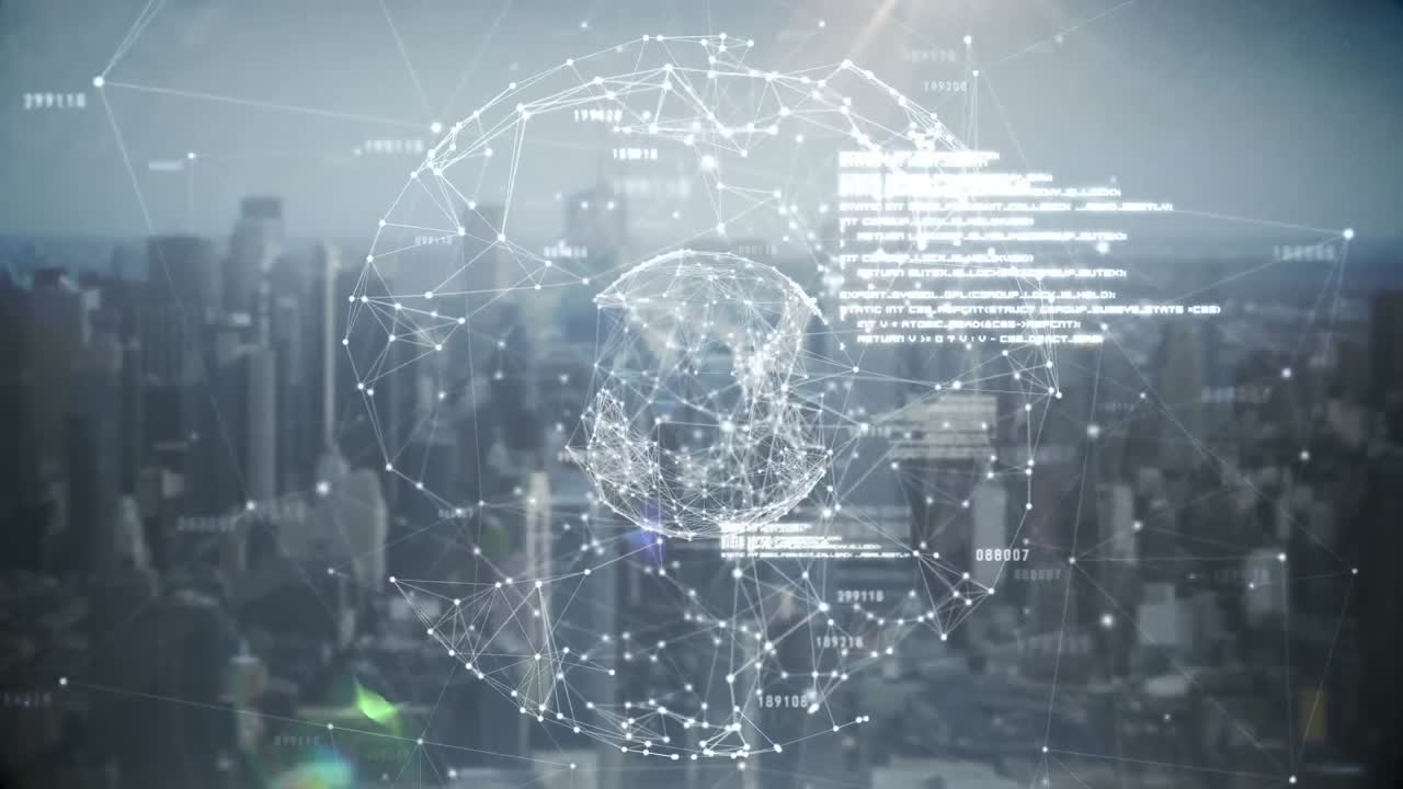 도시 풍경의 공중 시야에 대한 연결 및 데이터 처리의 네트워크의 지구상의 애니메이션