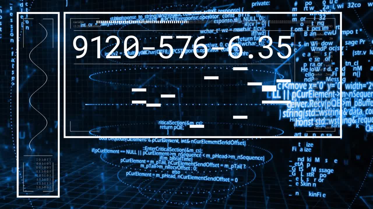 Central HUD panel updating IDs every second, shifting white bars, panning camera, showing telemetry