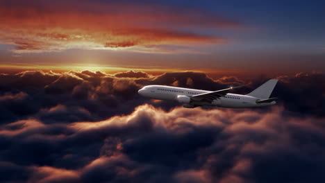 airplane flying above clouds at sunset