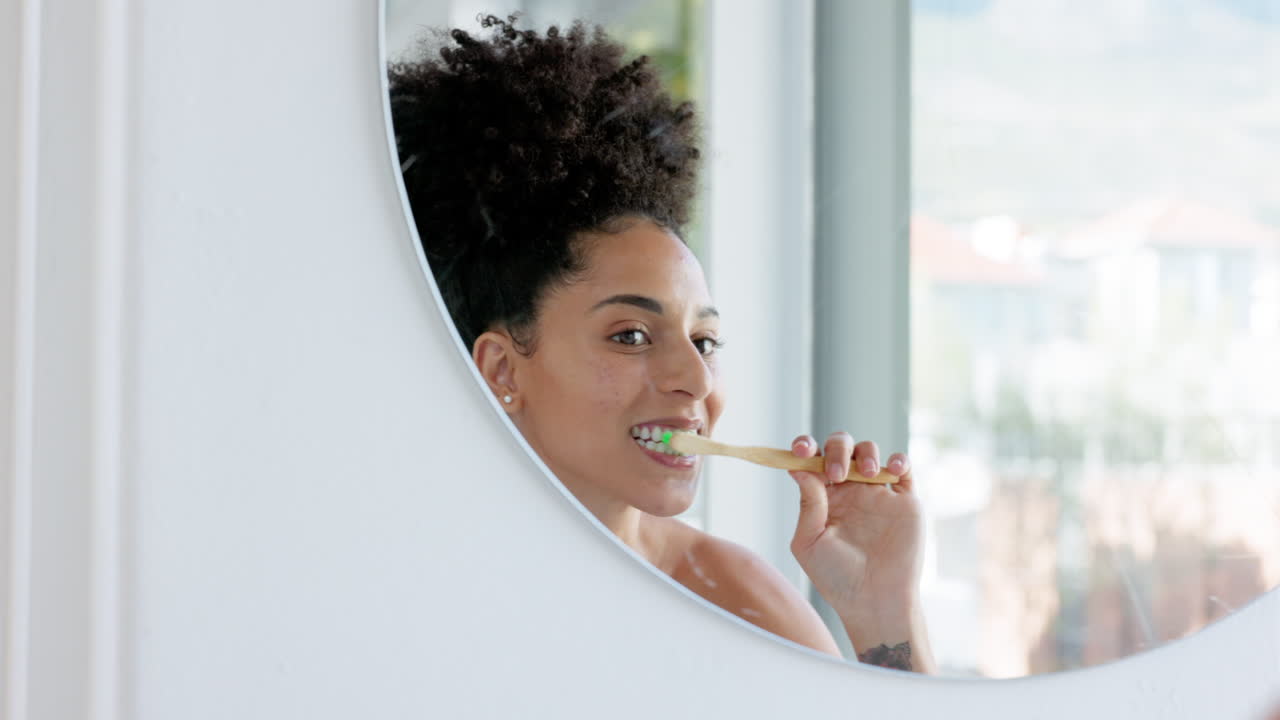 Brushing teeth, cleaning and black woman