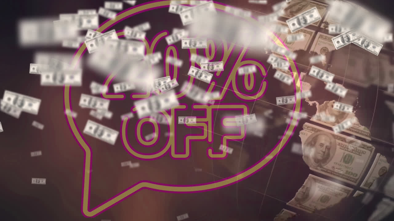 애니메이션 미국 달러 지폐 전 세계 배경에 판매 텍스트