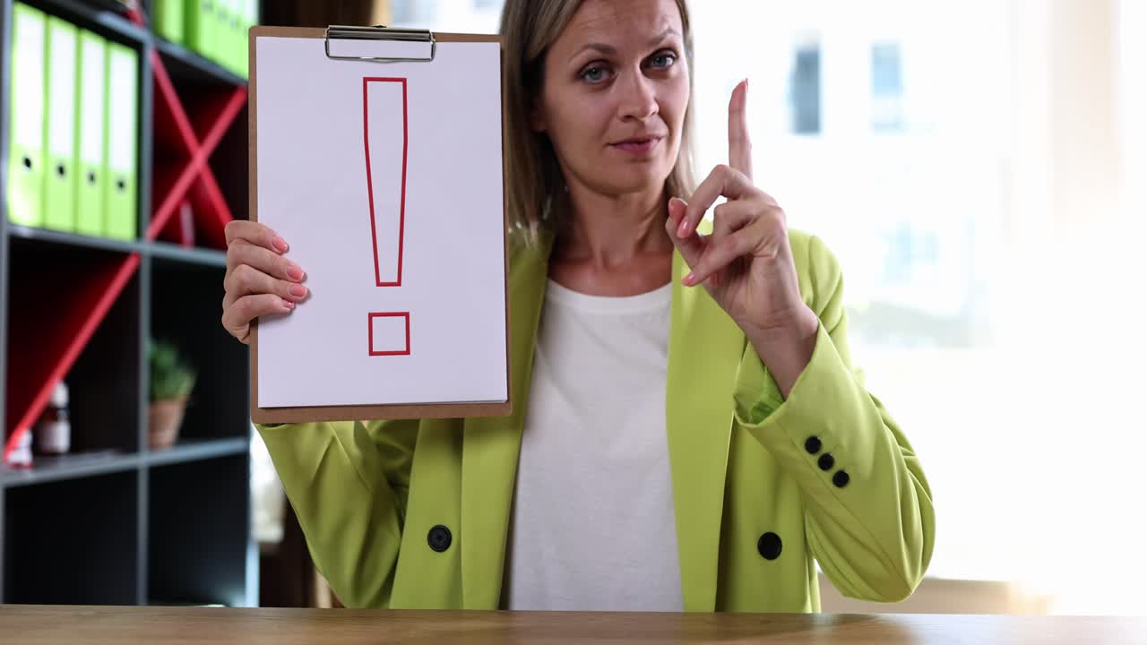 Woman holding clipboard with exclamation mark